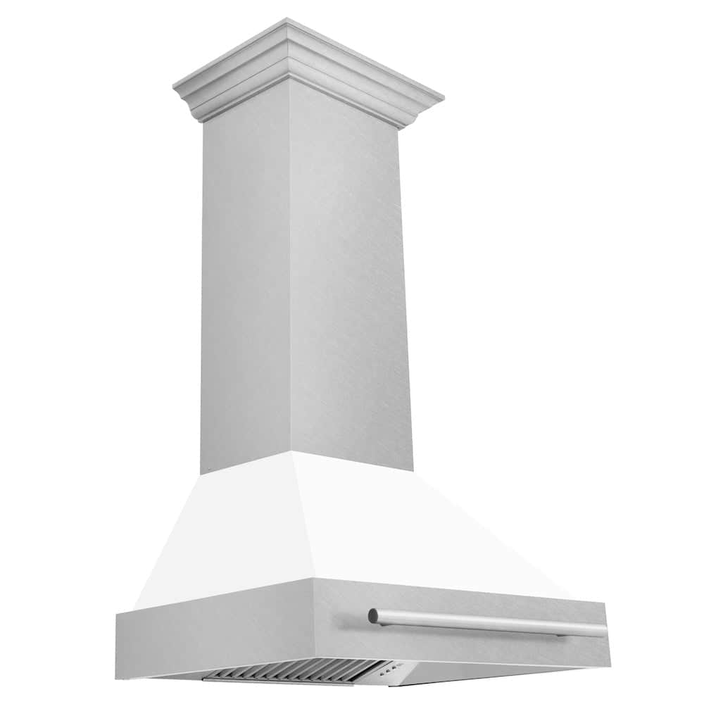 30 In. Satin Stainless Steel Wall Mount Range Hood With White Matte Shell And Stainless Steel Handle