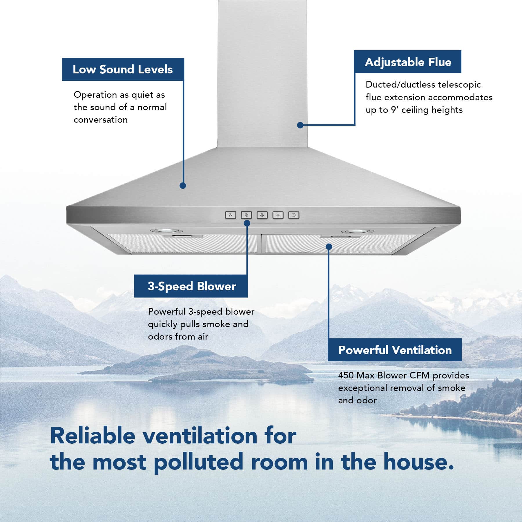 30Inch Convertible WallMount Pyramidal Chimney Range Hood, 450 Max CFM,