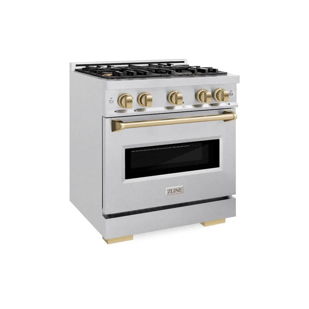Autograph Edition 30 In. 4.2 Cu. Ft. Classic Dual Fuel Range With 4 Burner Gas Cooktop And Electric Convection Oven In Satin Stainless Steel With Champagne Bronze Accents