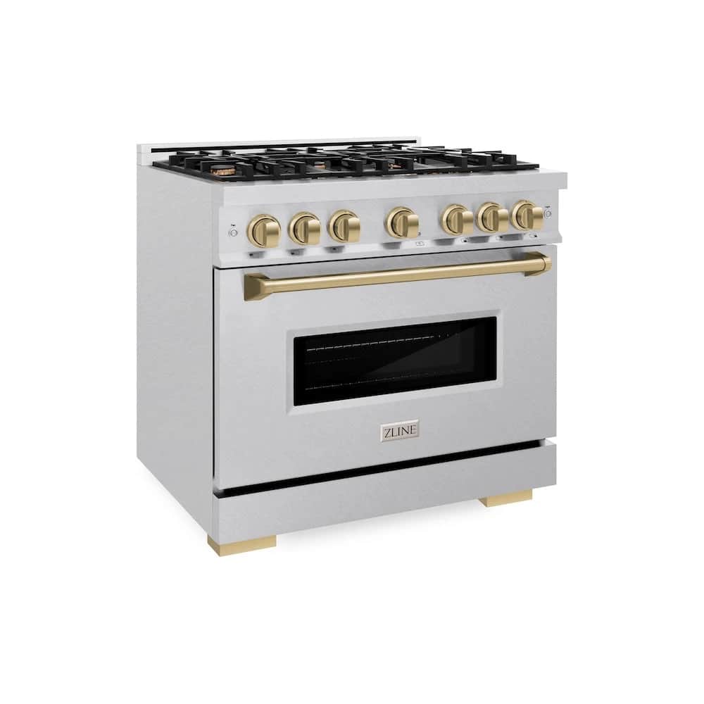 Autograph Edition 36 In. 5.2 Cu. Ft. Classic Dual Fuel Range With 6 Burner Gas Cooktop And Electric Convection Oven In Satin Stainless Steel With Champagne Bronze Accents
