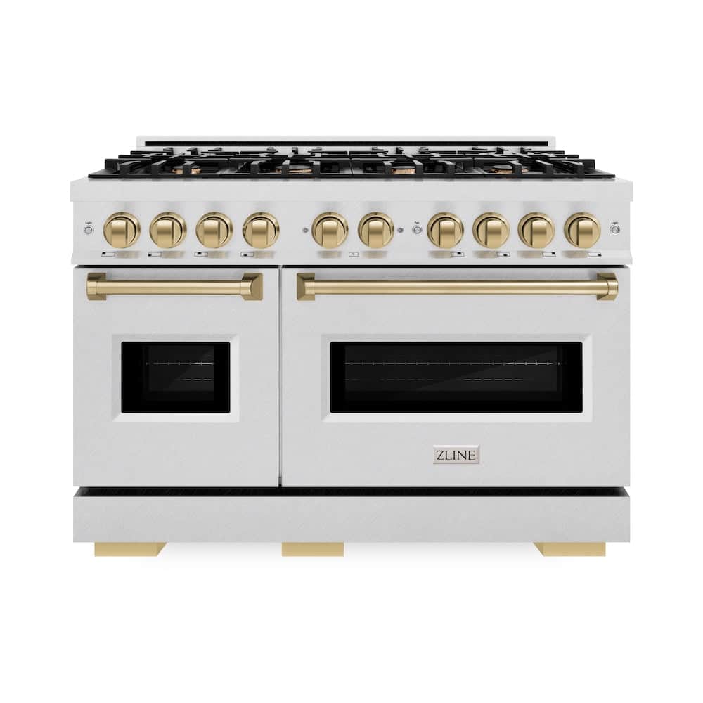 Autograph Edition 48 In. 6.7 Cu. Ft. Classic Double Oven Gas Range With 8 Burner Cooktop In Satin Stainless Steel And Champagne Bronze Accents