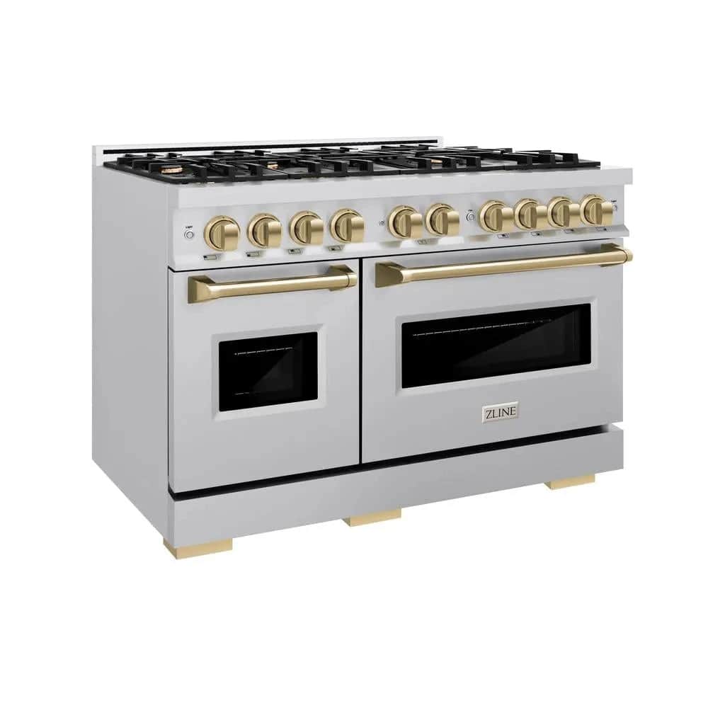 Autograph Edition 48 In. 6.7 Cu. Ft. Classic Double Oven Gas Range With 8 Burner Cooktop In Stainless Steel And Champagne Bronze Accents