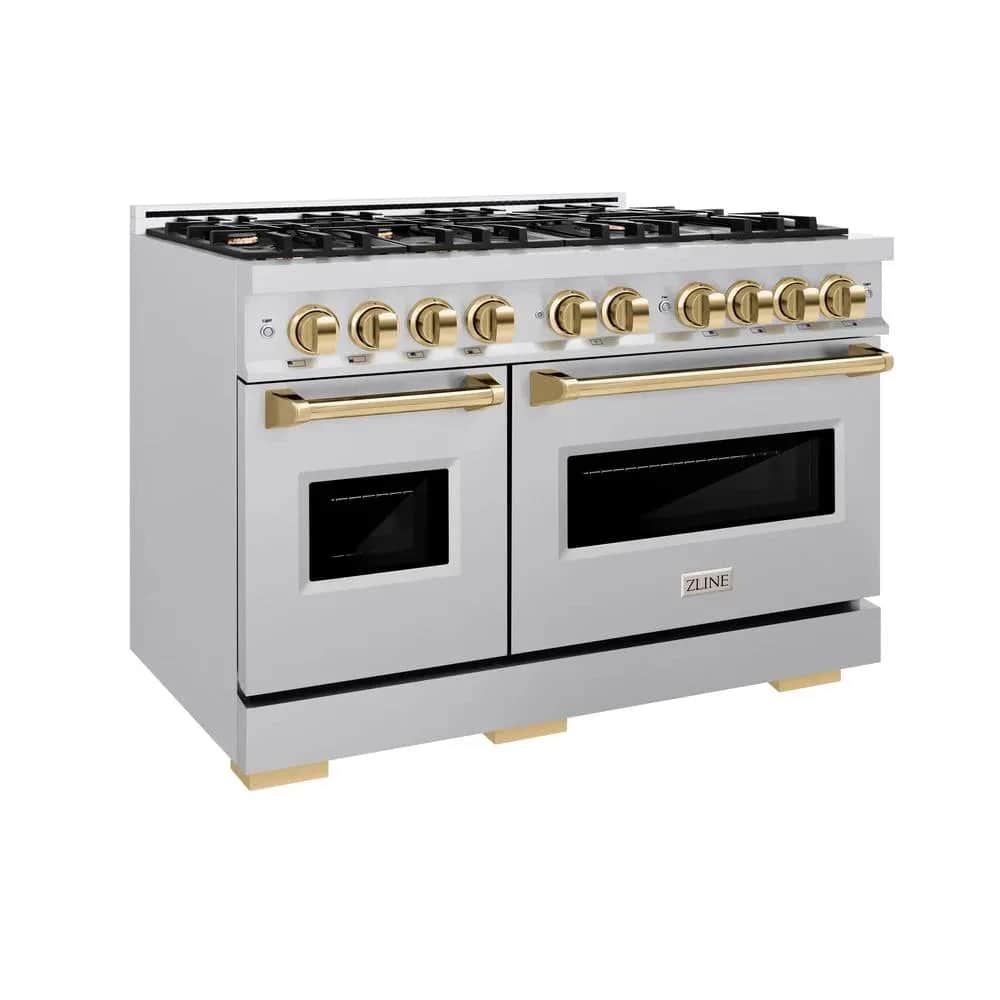 Autograph Edition 48 In. 6.7 Cu. Ft. Classic Double Oven Gas Range With 8 Burner Cooktop In Stainless Steel And Polished Gold Accents