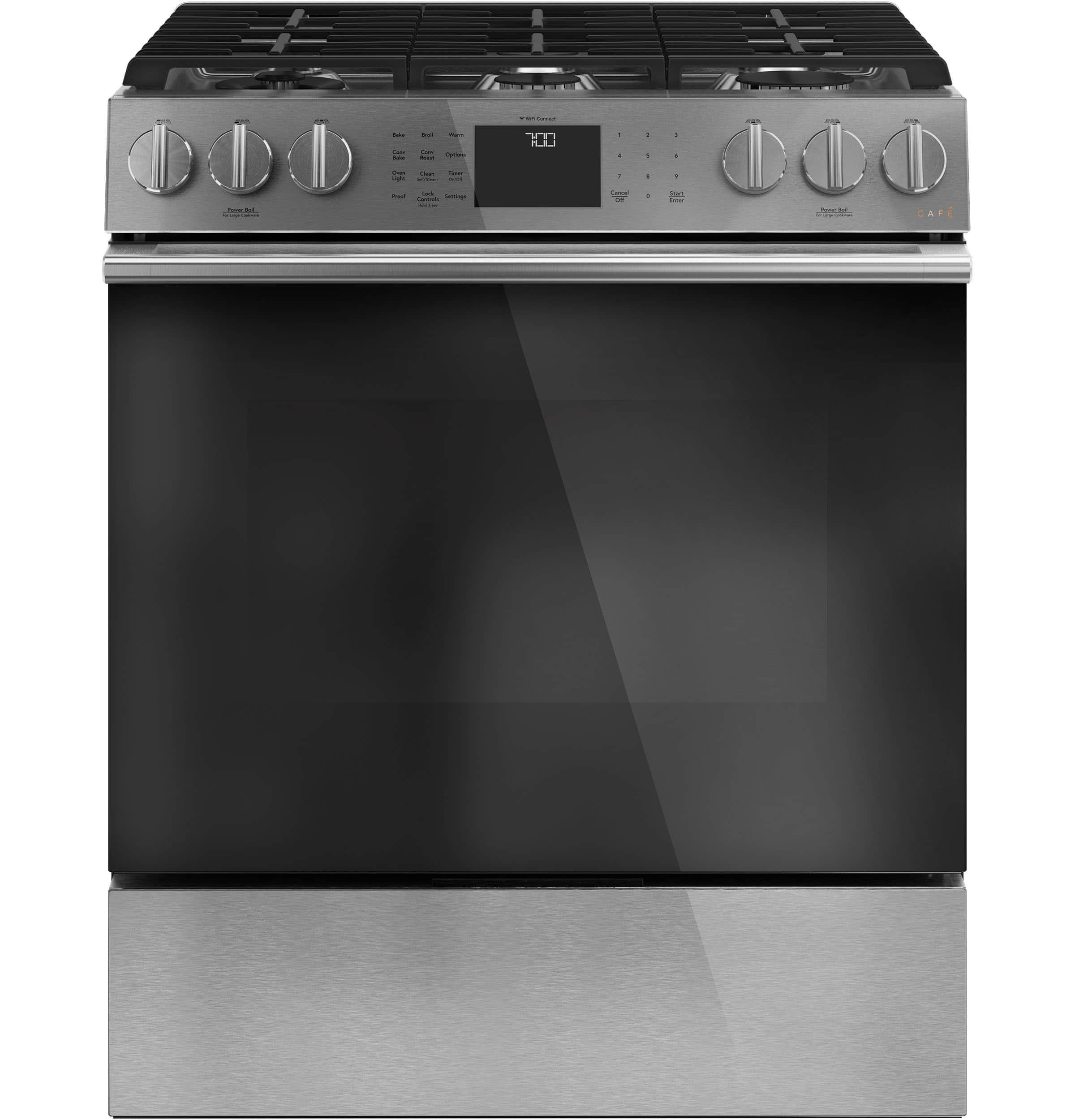 Café 30" Smart Slide-in, Front-control, Gas Range With Convection Oven In Platinum Glass