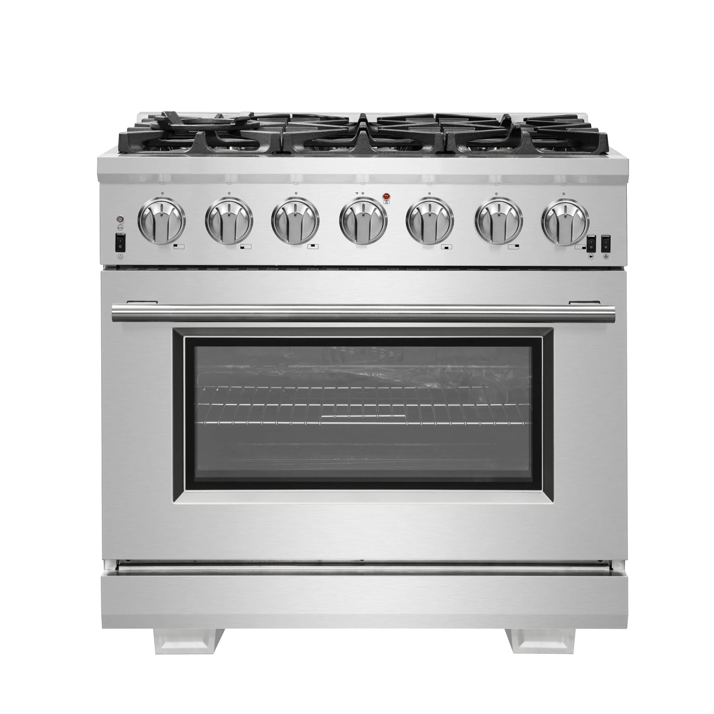 Capriasca 36-Inch Gas Range, Stainless Steel, 6 Brass Burners, 120,000 BTU, Convection Oven, Energy Efficient