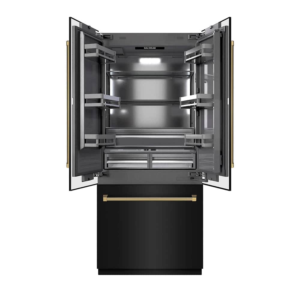 Autograph Edition 36 In. 19.6 Cu. Ft. French Door Built-in Bottom Freezer Refrigerator With Water Dispenser And Ice Maker In Black Stainless Steel With Graphite Gray Interior And Polished Gold Helix Handles
