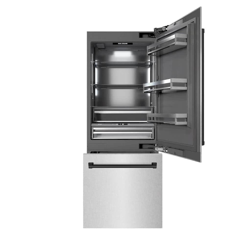Autograph Edition 30 In. 16.1 Cu. Ft. Built-in Bottom Freezer Refrigerator With Water Dispenser And Ice Maker In Satin Stainless Steel With Graphite Gray Interior And Matte Black Accents