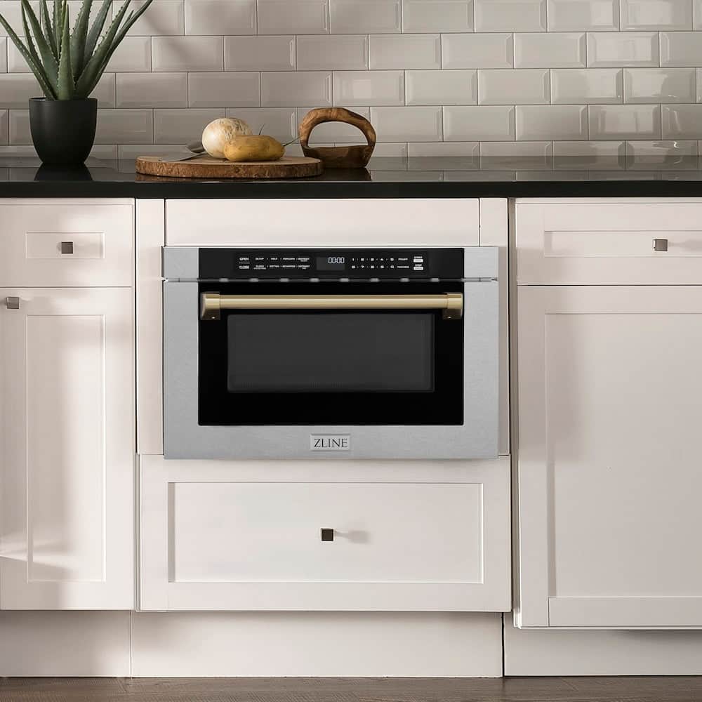 Autograph Edition 24 In. 1.2 Cu. Ft. Built-in Microwave Drawer With A Traditional Handle In Satin Stainless Steel And Champagne Bronze Accents