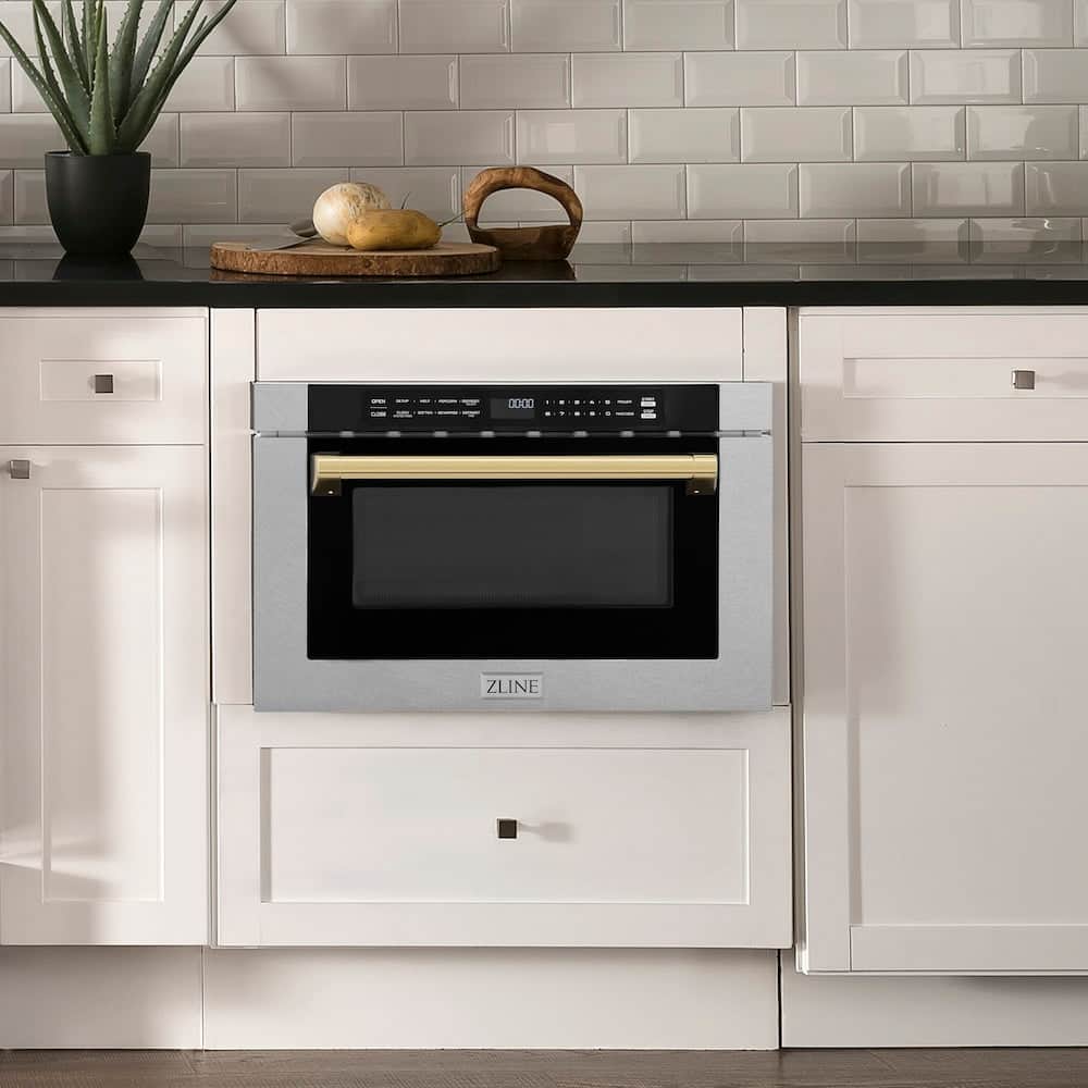 Autograph Edition 24 In. 1.2 Cu. Ft. Built-in Microwave Drawer With A Traditional Handle In Satin Stainless Steel And Polished Gold Accents