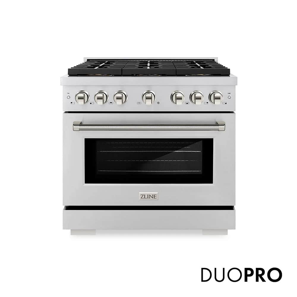 Autograph Edition 36 In. 5.2 Cu. Ft. Paramount Dual Fuel Range With 6 Burner Duopro™ Cooktop And Electric Convection Oven In Stainless Steel With Polished Nickel Helix Handle And Accents