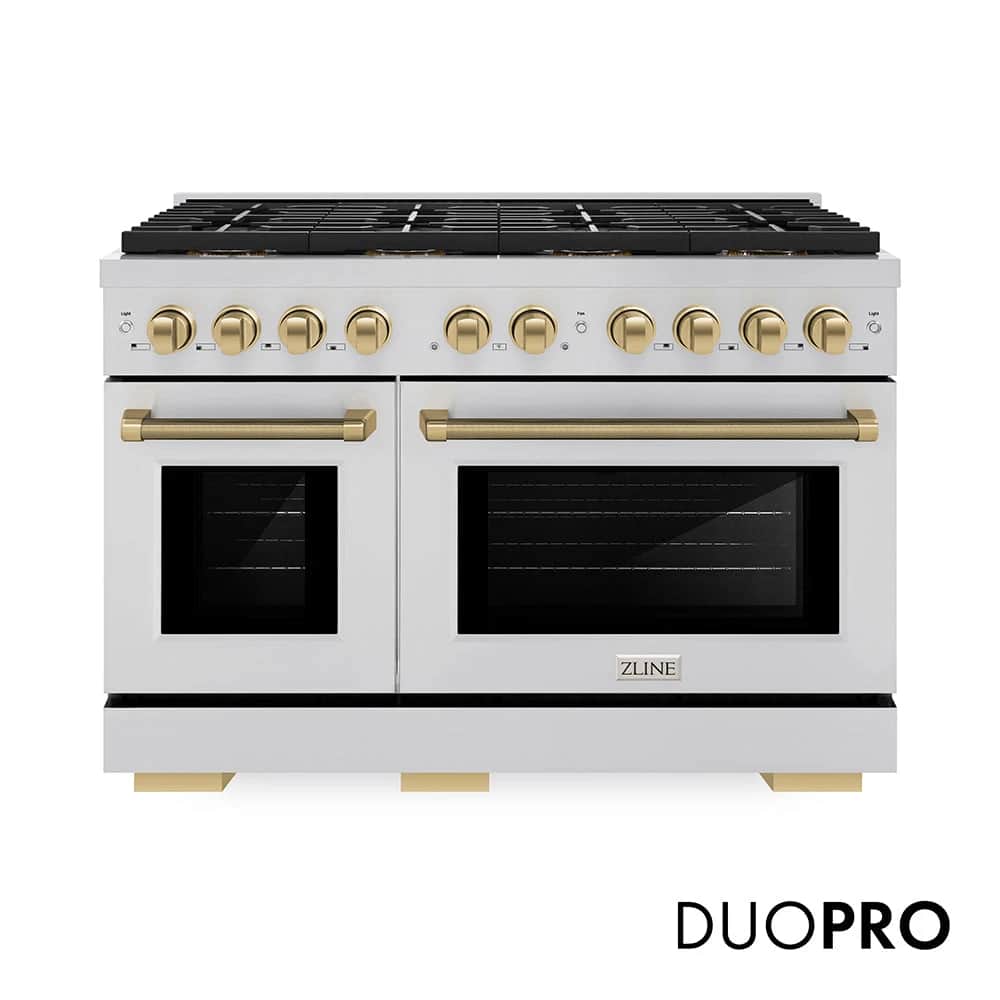 Autograph Edition 48 In. 6.7 Cu. Ft. Paramount Dual Fuel Range With 8 Burner Duopro™ Cooktop And Dual Ovens In Stainless Steel With Champagne Bronze Helix Handles And Accents