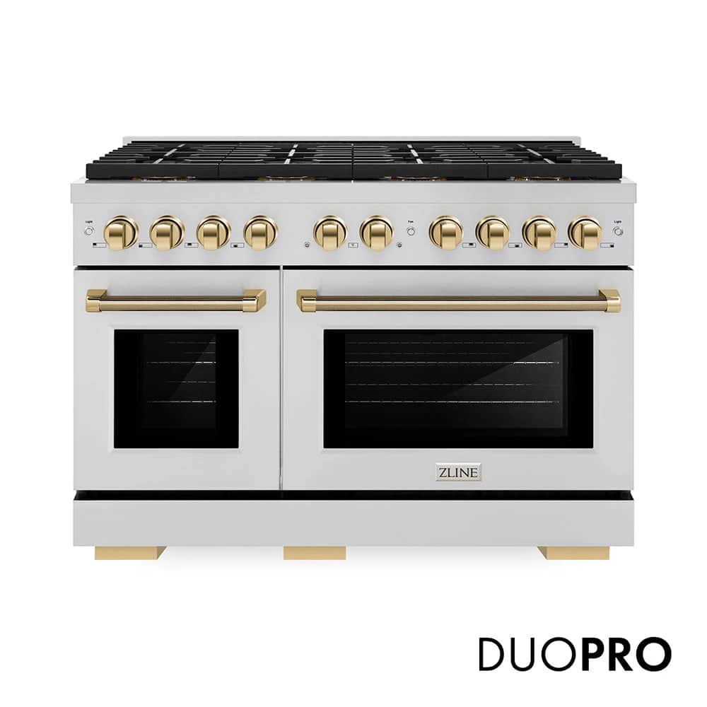 Autograph Edition 48 In. 6.7 Cu. Ft. Paramount Dual Fuel Range With 8 Burner Duopro™ Cooktop And Dual Ovens In Stainless Steel With Polished Gold Helix Handles And Accents