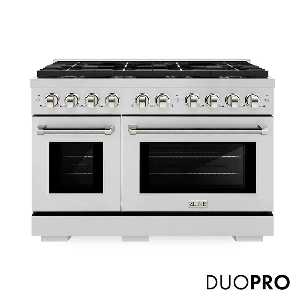 Autograph Edition 48 In. 6.7 Cu. Ft. Paramount Dual Fuel Range With 8 Burner Duopro™ Cooktop And Dual Ovens In Stainless Steel With Polished Nickel Helix Handles And Accents