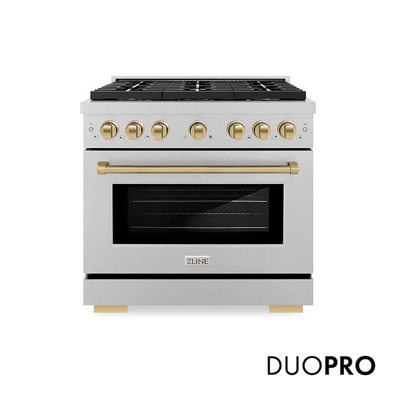 Autograph Edition 36 In. 5.2 Cu. Ft. Paramount Gas Range With 6 Burner Duopro™ Cooktop And Convection Gas Oven In Satin Stainless Steel And Champagne Bronze Accents