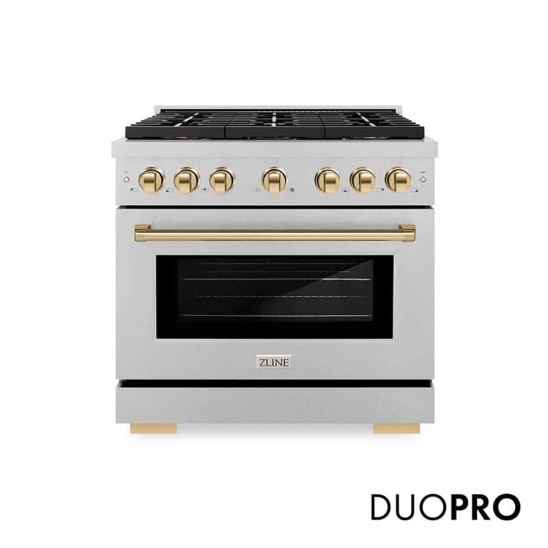 Autograph Edition 36 In. 5.2 Cu. Ft. Paramount Gas Range With 6 Burner Duopro™ Cooktop And Convection Gas Oven In Satin Stainless Steel And Polished Gold Accents