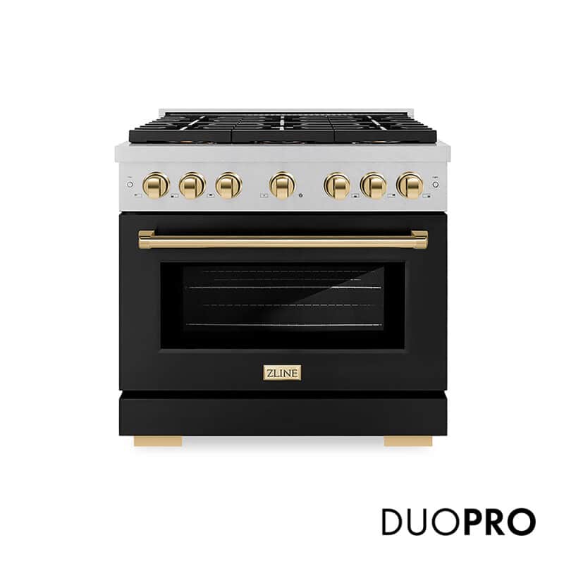 Autograph Edition 36 In. 5.2 Cu. Ft. Paramount Gas Range With 6 Burner Duopro™ Cooktop And Convection Gas Oven In Satin Stainless Steel With Black Matte Door And Polished Gold Accents
