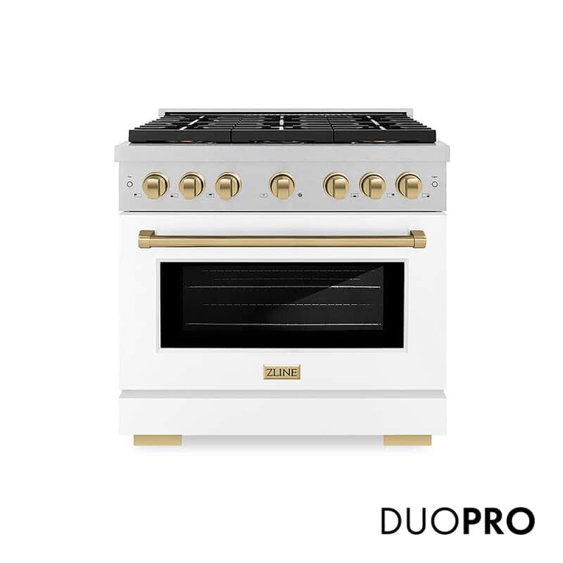 Autograph Edition 36 In. 5.2 Cu. Ft. Paramount Gas Range With 6 Burner Duopro™ Cooktop And Convection Gas Oven In Satin Stainless Steel With White Matte Door And Champagne Bronze Accents