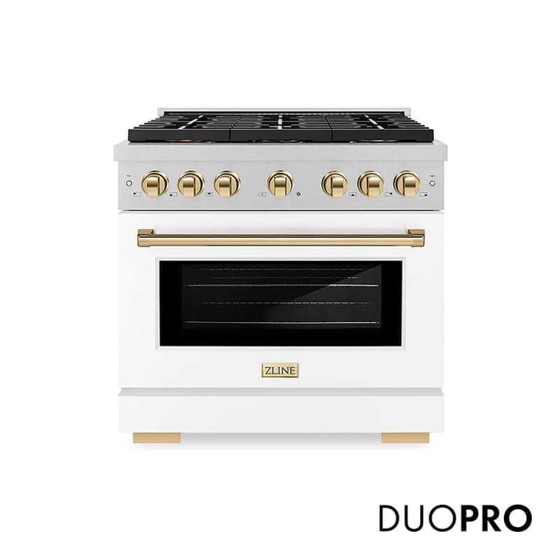 Autograph Edition 36 In. 5.2 Cu. Ft. Paramount Gas Range With 6 Burner Duopro™ Cooktop And Convection Gas Oven In Satin Stainless Steel With White Matte Door And Polished Gold Accents