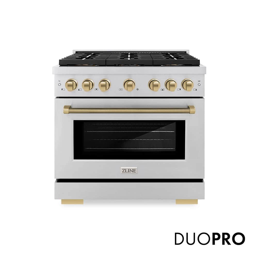 Autograph Edition 36 In. 5.2 Cu. Ft. Paramount Gas Range With 6 Burner Duopro™ Cooktop And Convection Gas Oven In Stainless Steel With Champagne Bronze Helix Handle And Accents