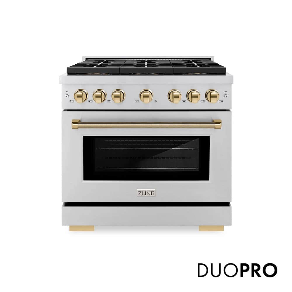 Autograph Edition 36 In. 5.2 Cu. Ft. Paramount Gas Range With 6 Burner Duopro™ Cooktop And Convection Gas Oven In Stainless Steel With Polished Gold Helix Handle And Accents