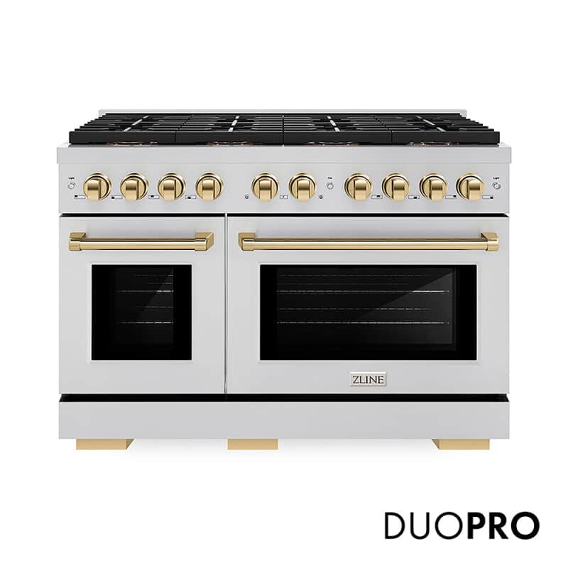 Autograph Edition 48 In. 6.7 Cu. Ft. Paramount Gas Range With 8 Burner Duopro™ Cooktop And Dual Ovens In Stainless Steel And Polished Gold Accents