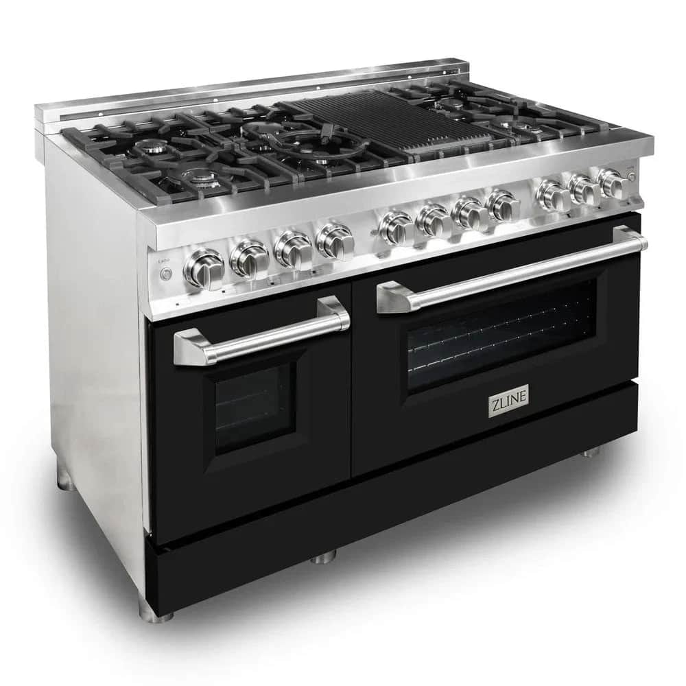 48 In. 6.0 Cu. Ft. Legacy Dual Fuel Range With 7 Burner Gas Cooktop And 2 Electric Ovens In Stainless Steel And Black Matte Doors