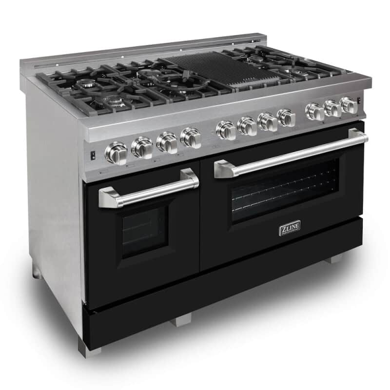48 In. 6.0 Cu. Ft. Legacy Dual Fuel Range With 7 Burner Gas Cooktop And 2 Electric Ovens In Satin Stainless Steel And Black Matte Doors