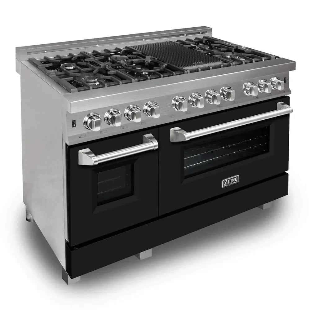 48 In. 6.0 Cu. Ft. Legacy Dual Fuel Range With 7 Burner Gas Cooktop And 2 Electric Ovens In Satin Stainless Steel And Black Matte Doors