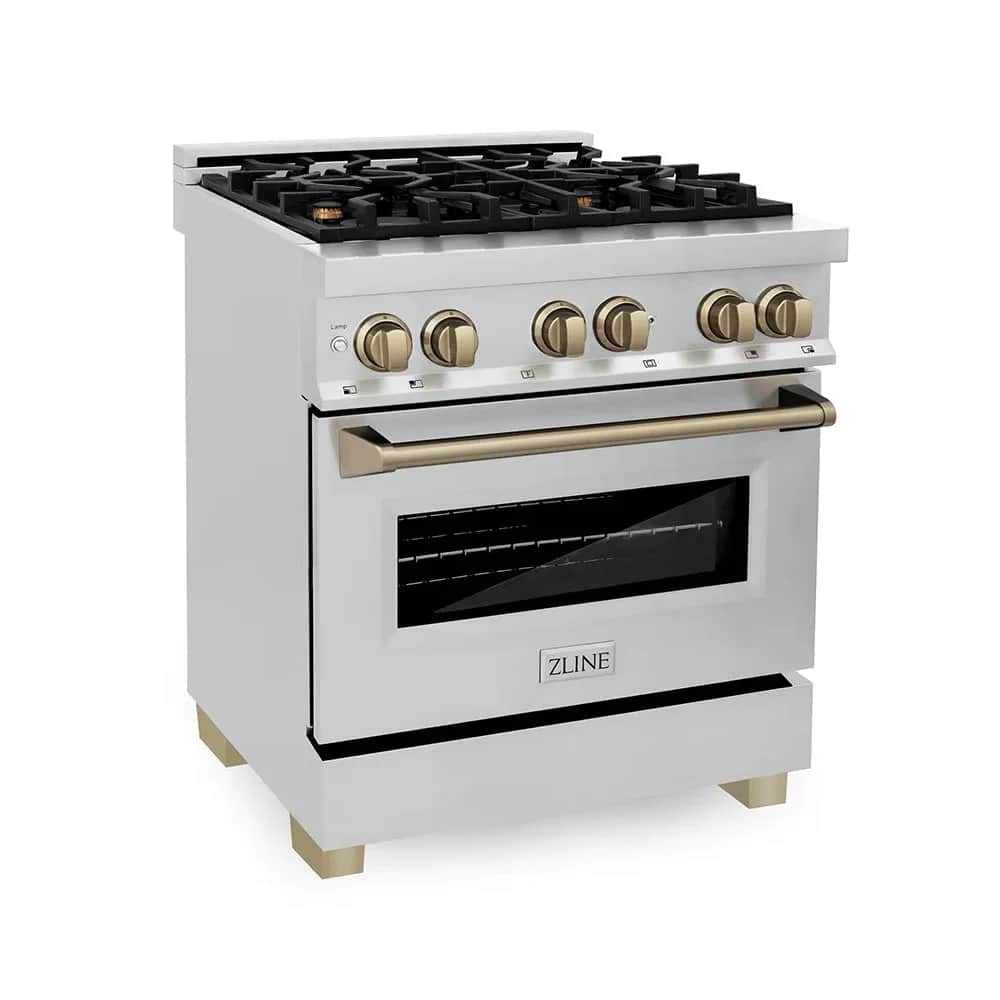 Autograph Edition 30 In. 4.0 Cu. Ft. Legacy Dual Fuel Range With 4 Burner Gas Cooktop And Electric Convection Oven In Stainless Steel And Champagne Bronze Accents