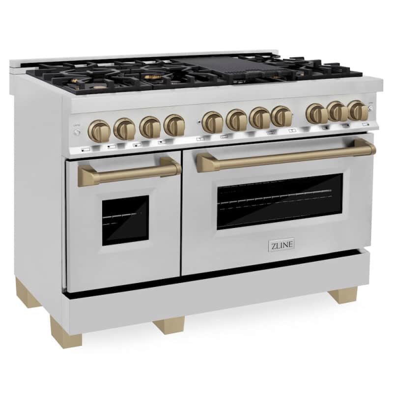 Autograph Edition 48 In. 6.0 Cu. Ft. Legacy Dual Fuel Range With 7 Burner Gas Cooktop And 2 Electric Ovens In Stainless Steel And Champagne Bronze Accents