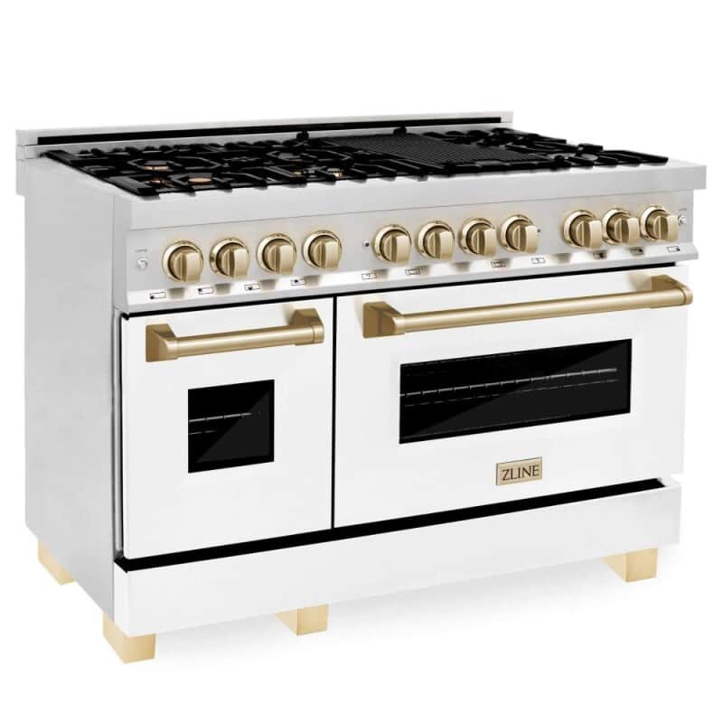 Autograph Edition 48 In. 6.0 Cu. Ft. Legacy Dual Fuel Range With 7 Burner Gas Cooktop And 2 Electric Ovens In Stainless Steel With White Matte Doors And Polished Gold Accents