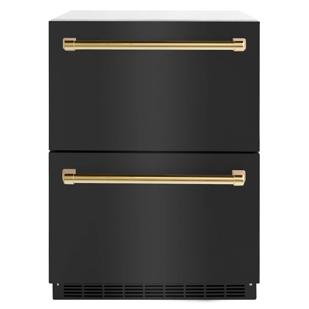 Autograph Edition 24 In. Touchstone 168 Can Outdoor-rated Dual Refrigerator Drawer With Black Stainless Steel Doors And Polished Gold Handles