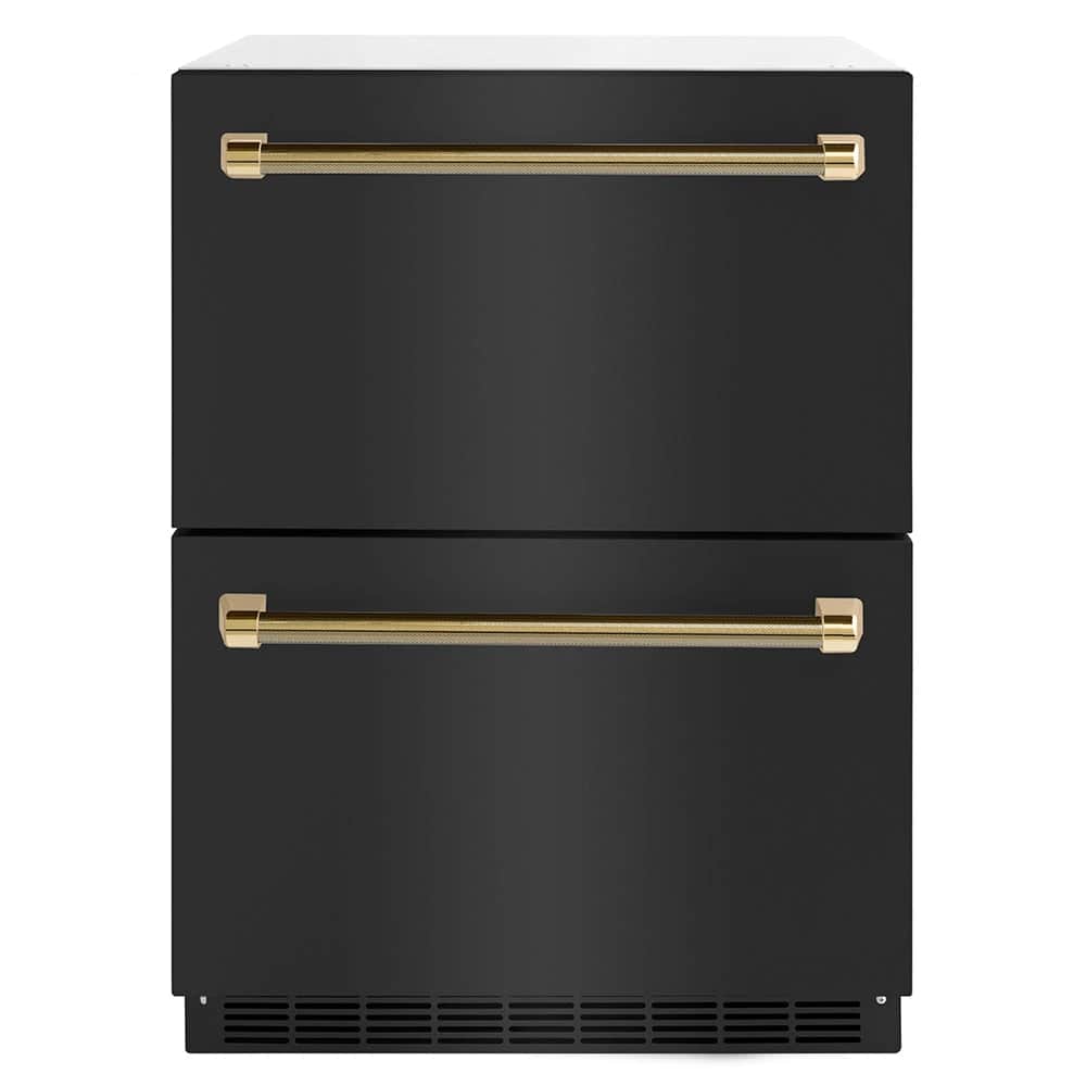 Autograph Edition 24 In. Touchstone 168 Can Outdoor-rated Dual Refrigerator Drawer With Black Stainless Steel Doors And Polished Gold Helix Handles