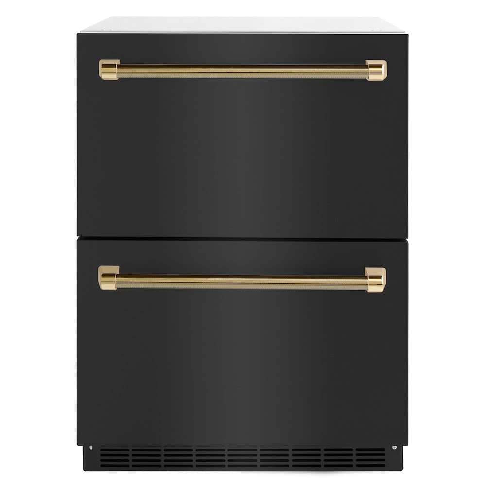 Autograph Edition 24 In. Touchstone 168 Can Outdoor-rated Dual Refrigerator Drawer With Black Stainless Steel Doors And Polished Gold Helix Handles