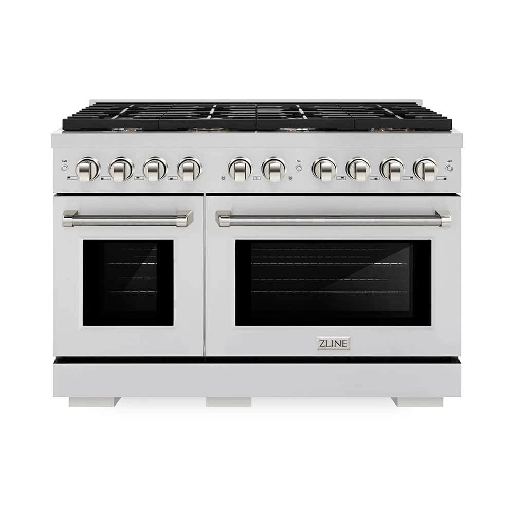 Autograph Edition 48 In. 6.7 Cu. Ft. Paramount Double Oven Dual Fuel Range With 8 Burner Gas Cooktop In Stainless Steel And Polished Nickel Helix Handles And Knob Accents