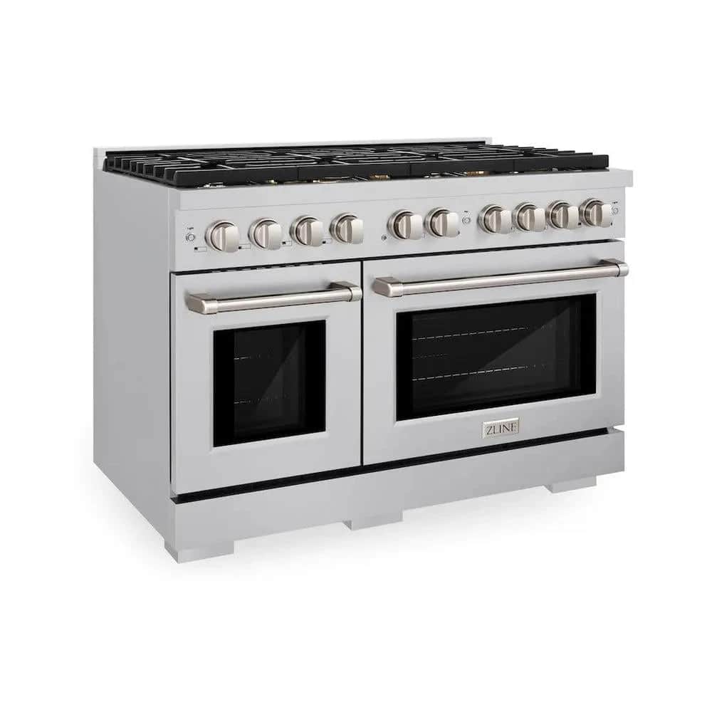 48 In. 6.7 Cu. Ft. Paramount Double Oven Gas Range In Stainless Steel With 8 Brass Burners