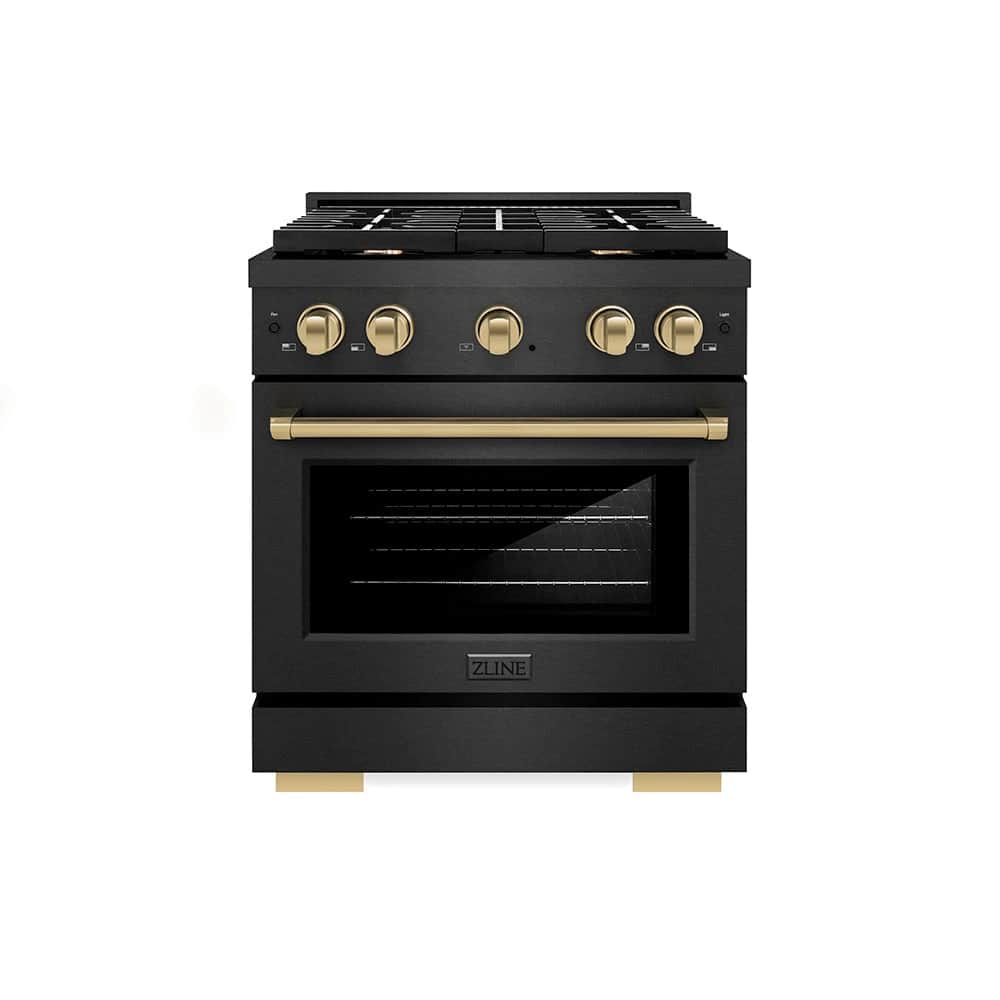 Autograph Edition 30 In. 4.2 Cu. Ft. Paramount Gas Range With 4 Burner Cooktop And Convection Gas Oven In Black Satin Stainless Steel And Champagne Bronze Accents