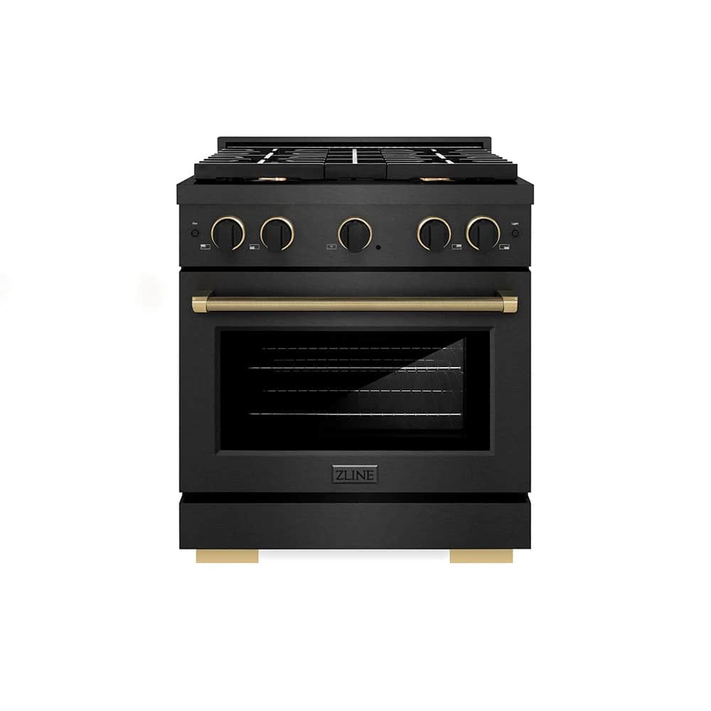 Designer Collection 30 In. 4.2 Cu. Ft. Paramount Gas Range With 4 Burner Cooktop And Convection Gas Oven In Black Satin Stainless Steel With Matte Black And Champagne Bronze Accents