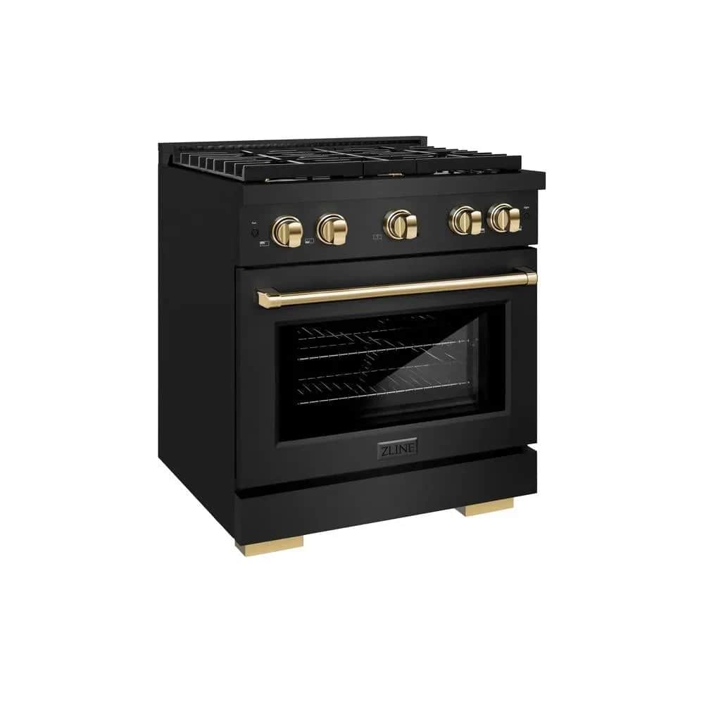Autograph Edition 30 In. 4.2 Cu. Ft. Paramount Gas Range With 4 Burner Cooktop And Convection Gas Oven In Black Stainless Steel And Polished Gold Accents