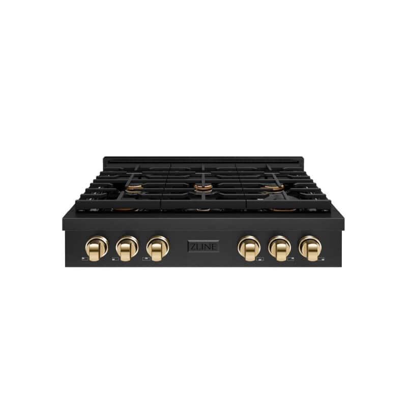 Autograph Edition 36 In. Paramount Gas Rangetop With 6 Burners And Porcelain Cooktop In Black Stainless Steel With Polished Gold Accents