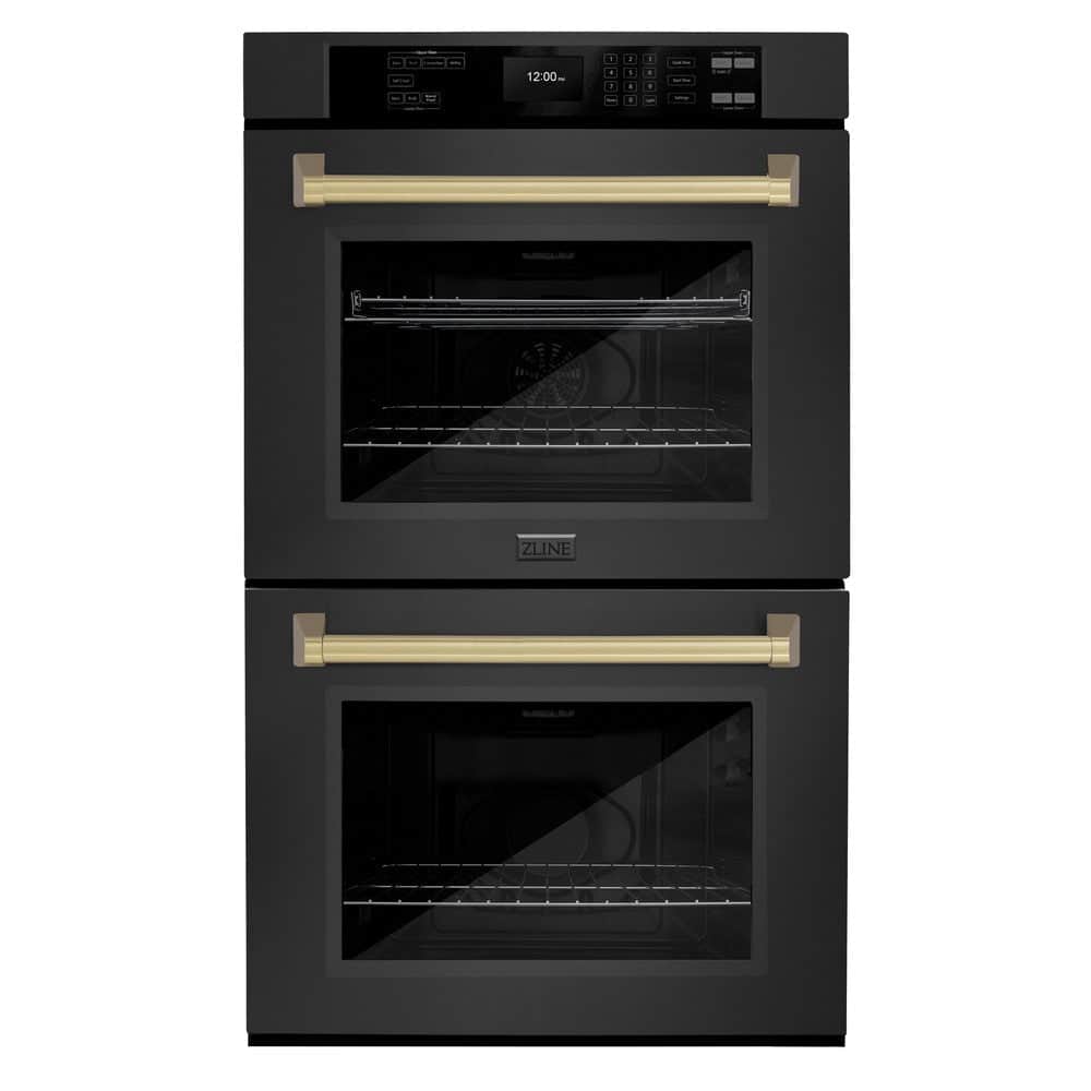 Autograph Edition 30 In. Professional True Convection Double Wall Oven With Air Fry And Self Clean In Black Stainless Steel With Champagne Bronze Handles