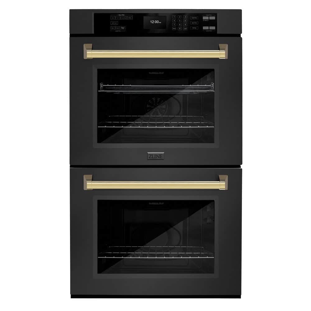 Autograph Edition 30 In. Professional True Convection Double Wall Oven With Air Fry And Self Clean In Black Stainless Steel With Polished Gold Handles