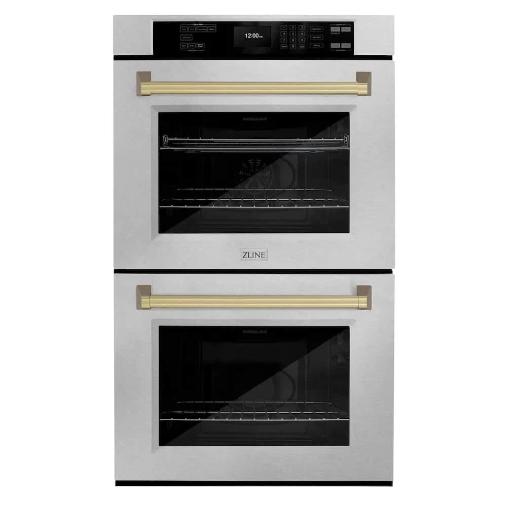 Autograph Edition 30 In. Professional True Convection Double Wall Oven With Air Fry And Self Clean In Satin Stainless Steel With Champagne Bronze Handles