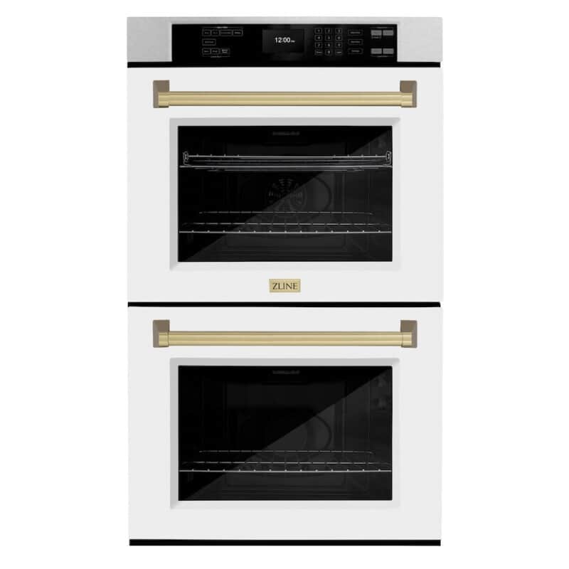 Autograph Edition 30 In. Professional True Convection Double Wall Oven With Air Fry And Self Clean In Satin Stainless Steel With White Matte Doors And Champagne Bronze Handles