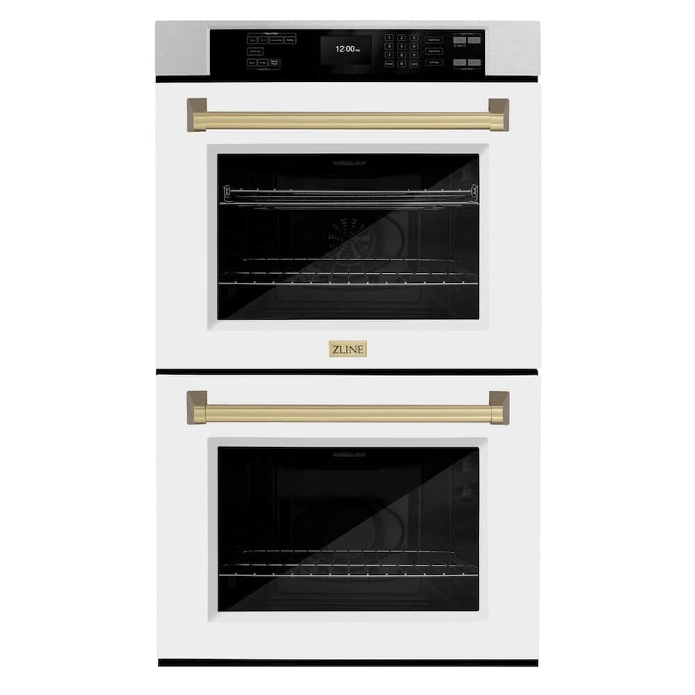 Autograph Edition 30 In. Professional True Convection Double Wall Oven With Air Fry And Self Clean In Satin Stainless Steel With White Matte Doors And Champagne Bronze Handles