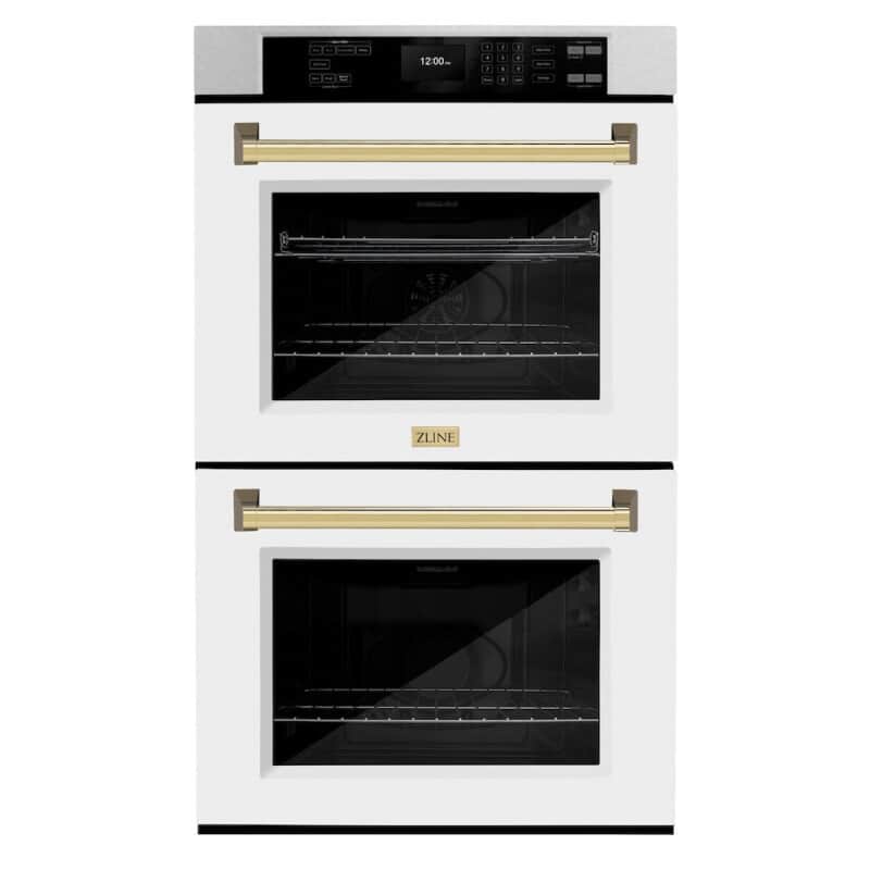 Autograph Edition 30 In. Professional True Convection Double Wall Oven With Air Fry And Self Clean In Satin Stainless Steel With White Matte Doors And Polished Gold Handles