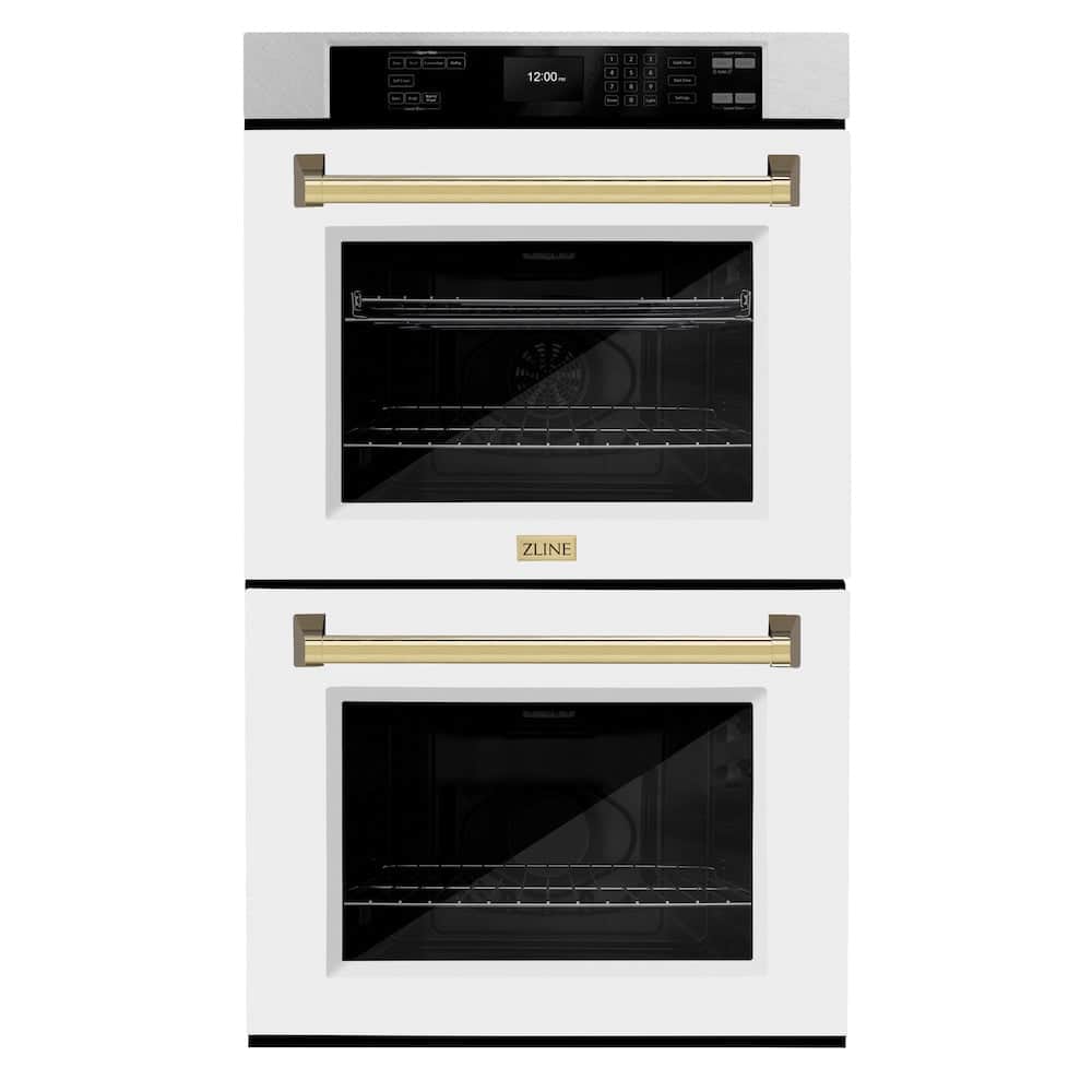Autograph Edition 30 In. Professional True Convection Double Wall Oven With Air Fry And Self Clean In Satin Stainless Steel With White Matte Doors And Polished Gold Handles