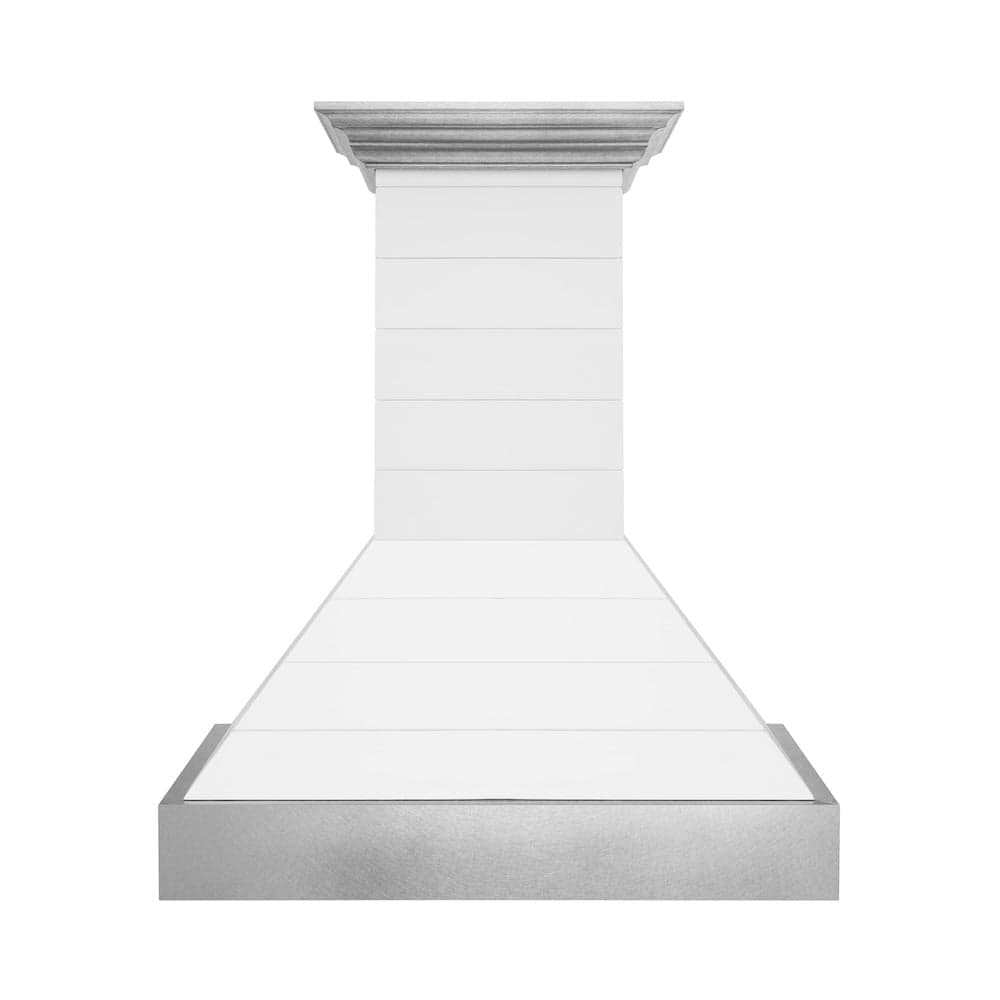 30 In. Wooden Wall Mount Range Hood In Rustic Shiplap Bright White Finish With Stainless Steel Accents