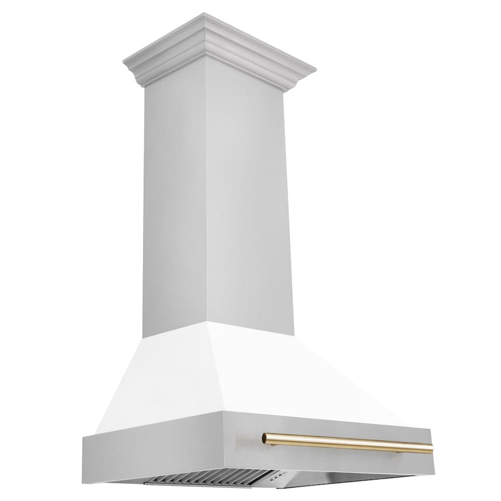 30"Autograph Edition Stainless Steel Range Hood with White Matte Shell and Polished Polished Gold Handle