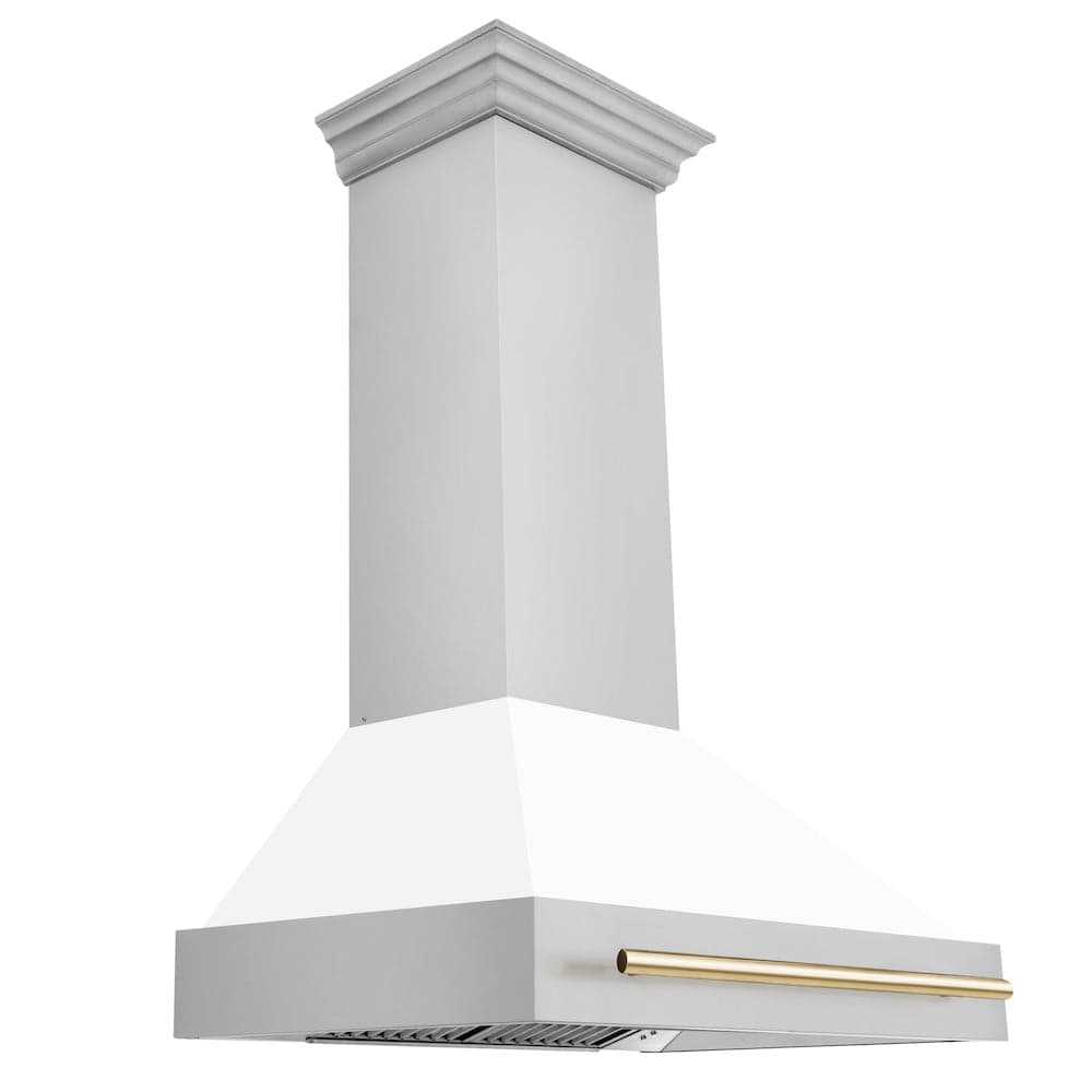 36"Autograph Edition Stainless Steel Range Hood with White Matte Shell and Polished Polished Gold Handle